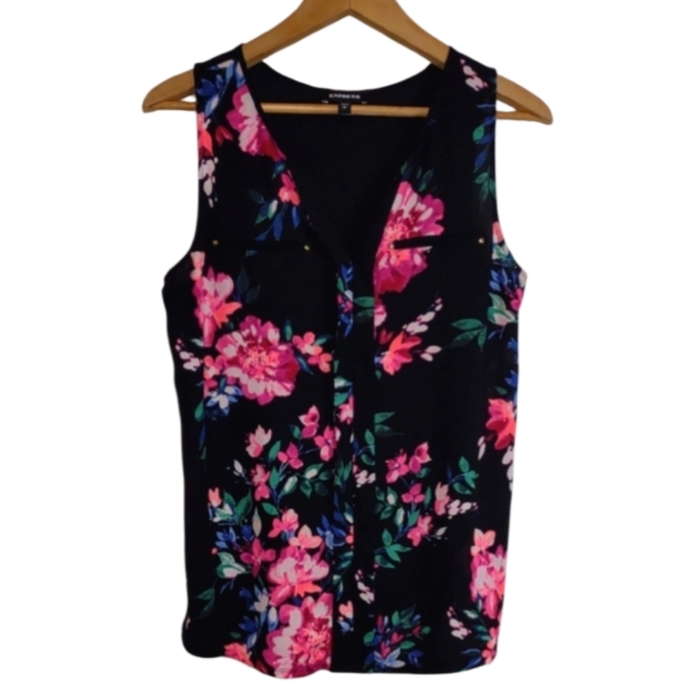 Express Hudson Black Vibrant Floral Tank Blouse Size Medium